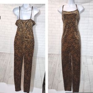 Forever 21 Leopard Cheetah Print Velvet Bodysuit Romper Pantsuit